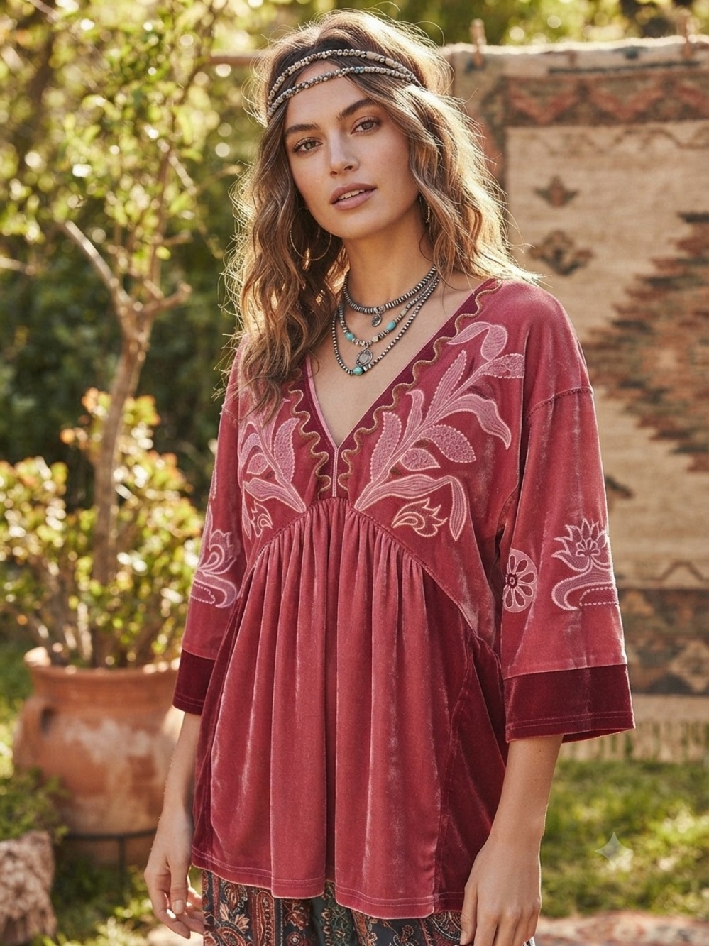 💕Boho Embroidered Velvet V-Neck Tunic in Rust NWOT